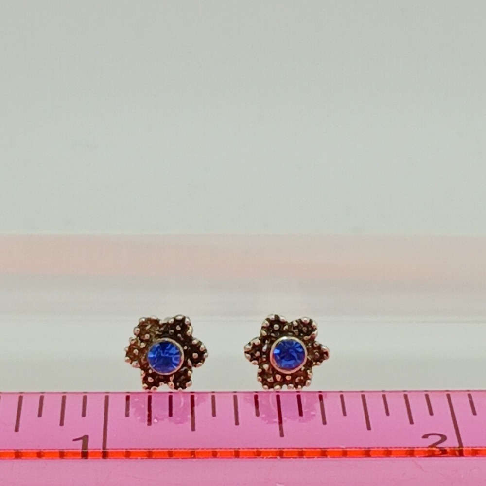 Vintage 925 Sterling Silver Blue Crystal Flower Stud Earrings Floral Jewelry - Picture 6 of 16